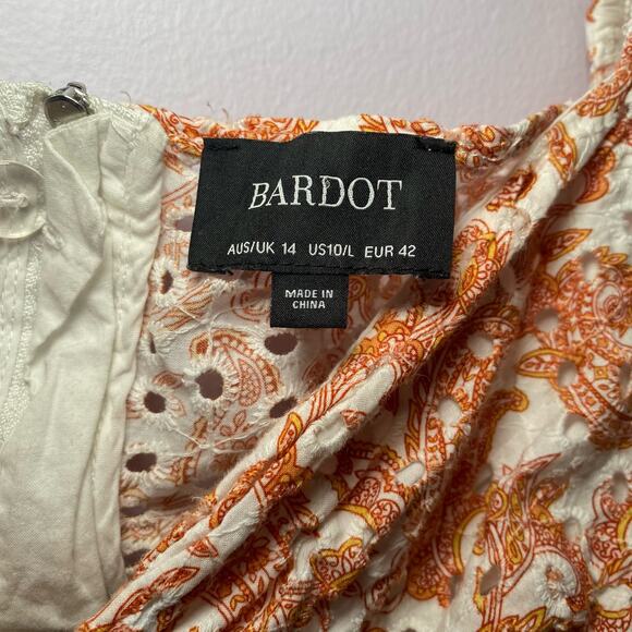 Bardot Large Orange White Paisley Eyelet Crop Long Sleeve Blouse Women's size 10 - Picture 3 of 9